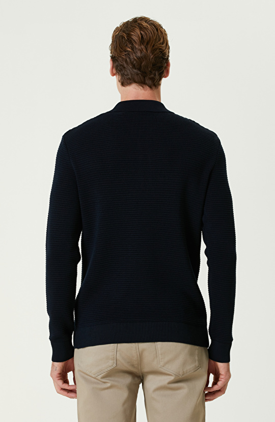 Lacivert Yün Karışımlı Polo Yaka Fermuarlı Triko Kazak