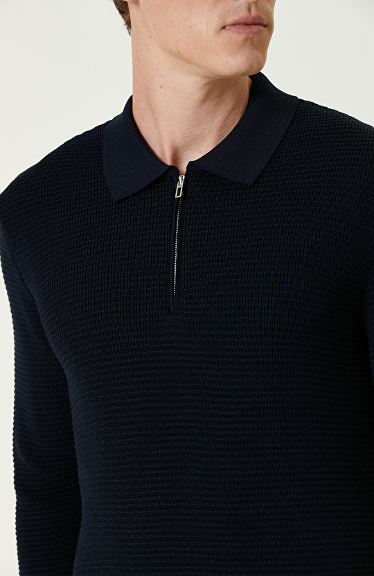 Lacivert Yün Karışımlı Polo Yaka Fermuarlı Triko Kazak