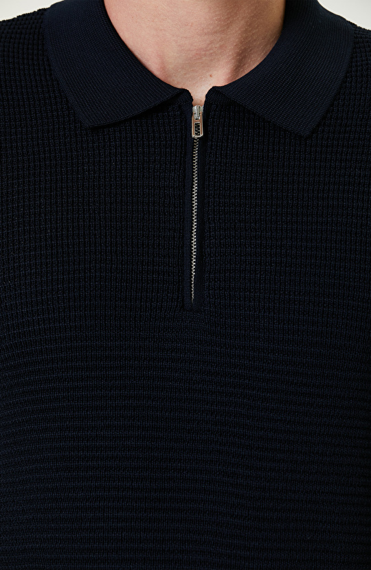 Lacivert Yün Karışımlı Polo Yaka Fermuarlı Triko Kazak