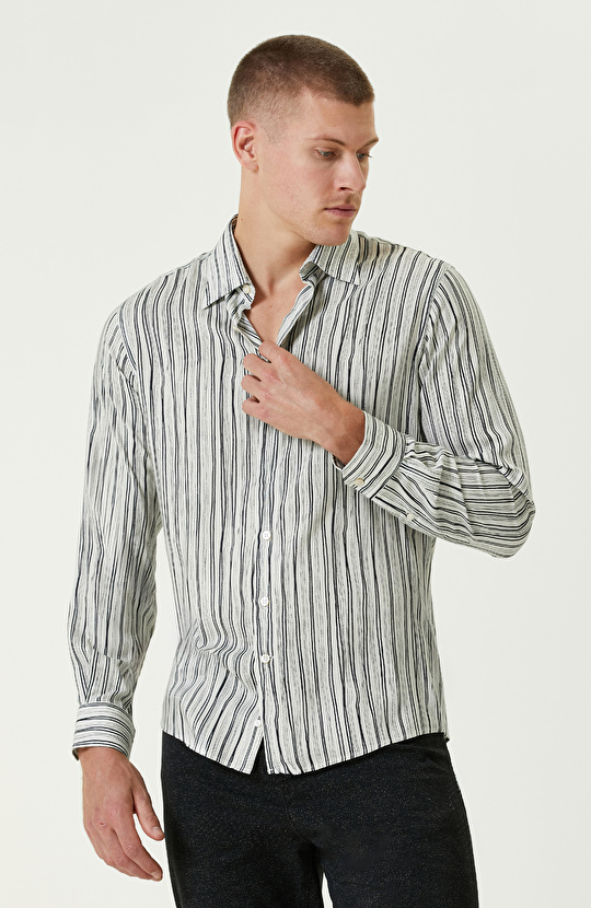 Siyah Ekru Comfort Fit Çizgili Gömlek