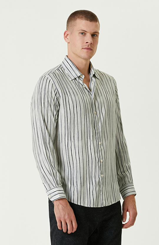 Siyah Ekru Comfort Fit Çizgili Gömlek