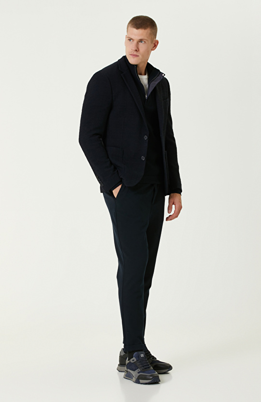 Lacivert Dik Yaka Fermuarlı Triko Kazak