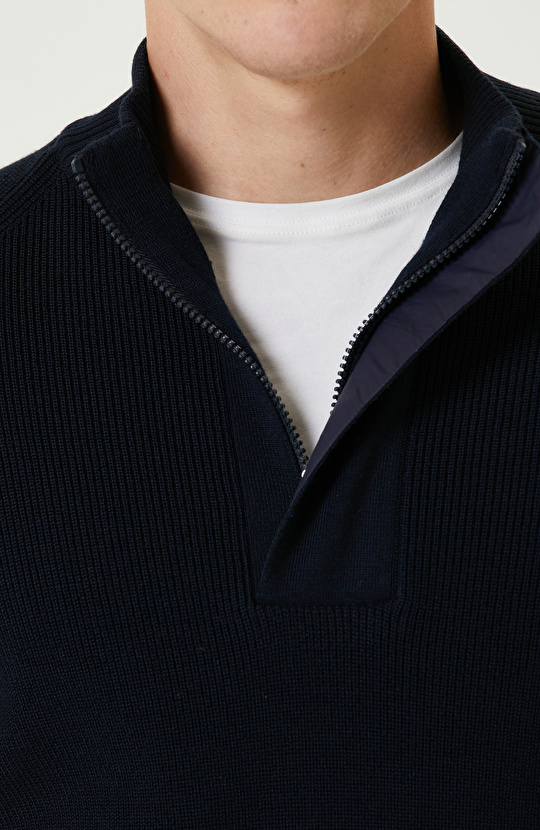 Lacivert Dik Yaka Fermuarlı Triko Kazak