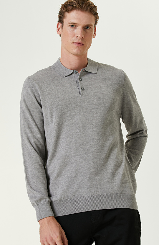 Açık Gri Polo Yaka Yün Karışımlı Triko Kazak