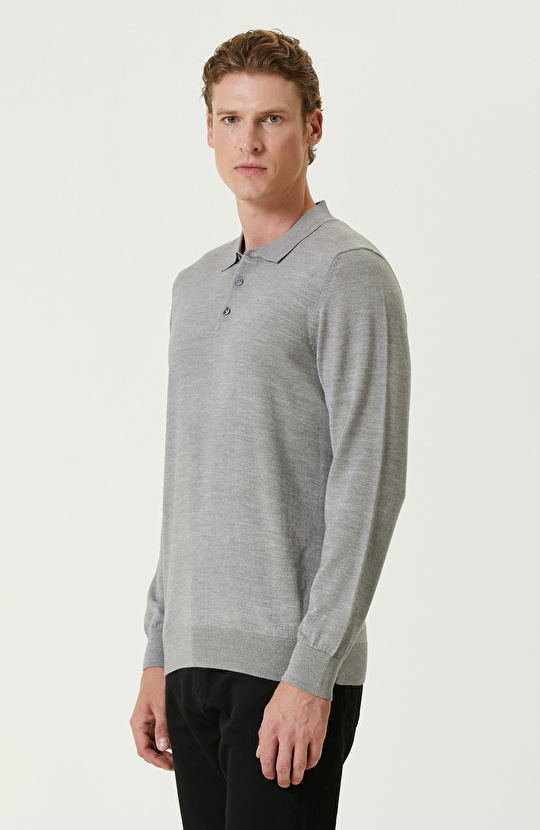 Açık Gri Polo Yaka Yün Karışımlı Triko Kazak