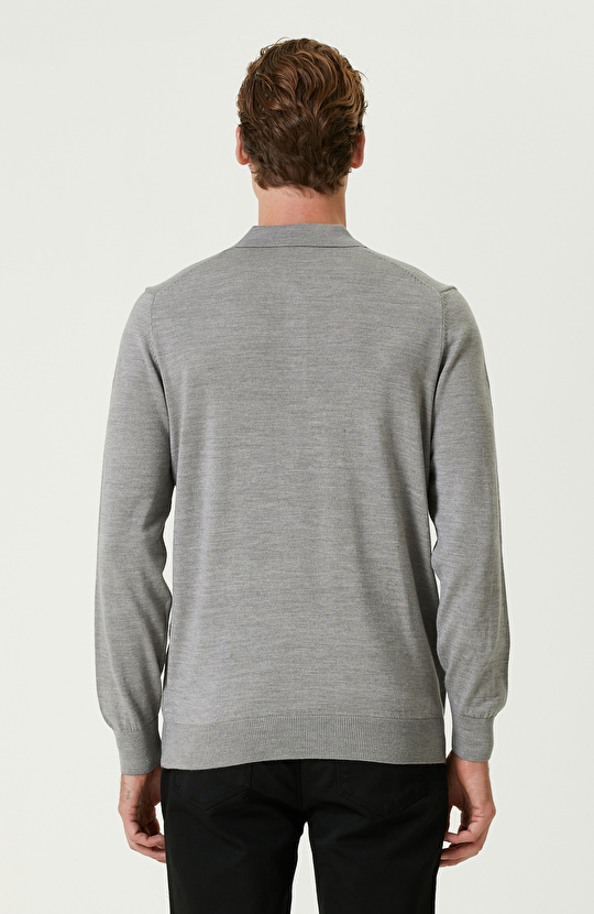 Açık Gri Polo Yaka Yün Karışımlı Triko Kazak