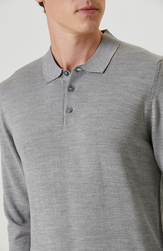 Açık Gri Polo Yaka Yün Karışımlı Triko Kazak