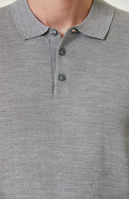 Açık Gri Polo Yaka Yün Karışımlı Triko Kazak