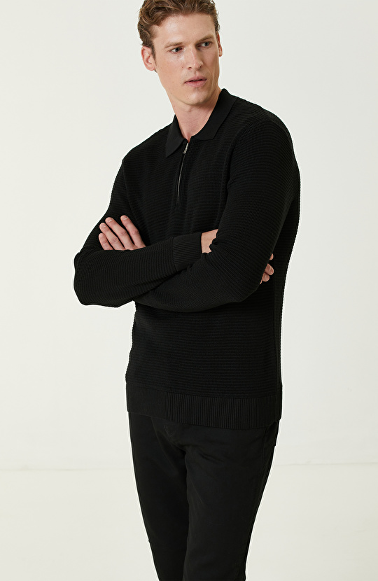 Siyah Yün Karışımlı Polo Yaka Fermuarlı Triko Kazak