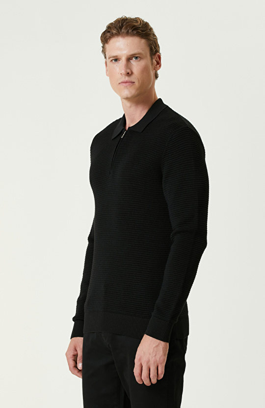 Siyah Yün Karışımlı Polo Yaka Fermuarlı Triko Kazak