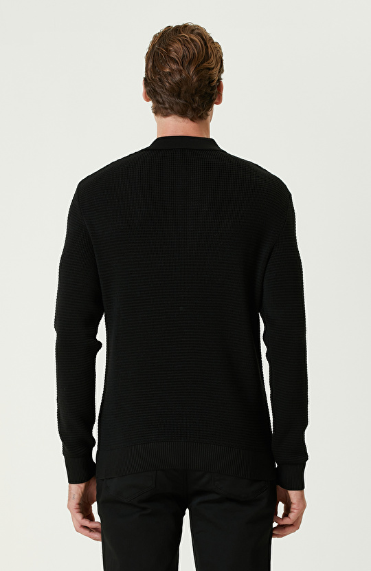 Siyah Yün Karışımlı Polo Yaka Fermuarlı Triko Kazak