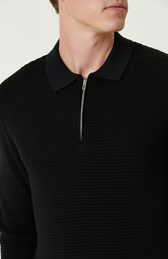 Siyah Yün Karışımlı Polo Yaka Fermuarlı Triko Kazak