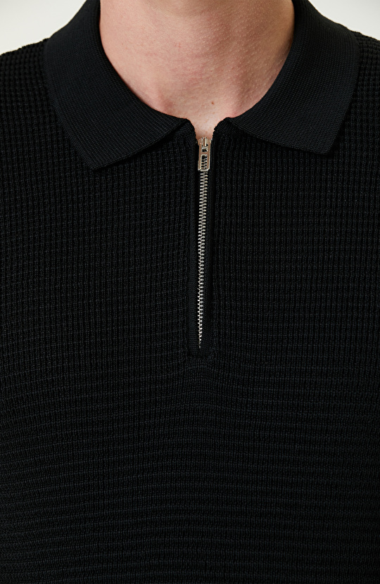 Siyah Yün Karışımlı Polo Yaka Fermuarlı Triko Kazak
