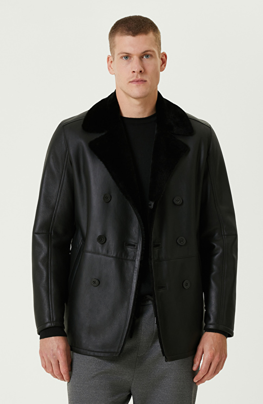 Siyah Limited Yakası Kürklü Kruvaze Deri Kaban