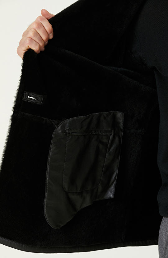 Siyah Limited Yakası Kürklü Kruvaze Deri Kaban