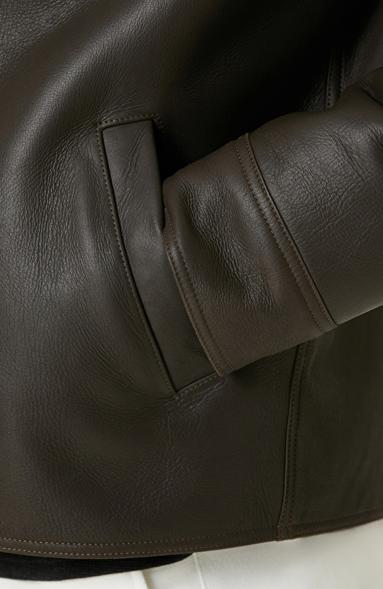 Haki İçi Kürklü Deri Mont