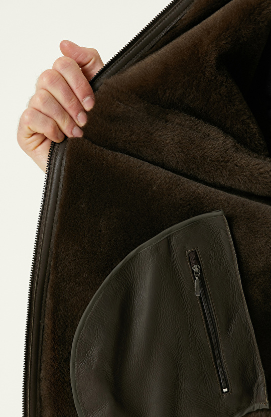 Haki İçi Kürklü Deri Mont