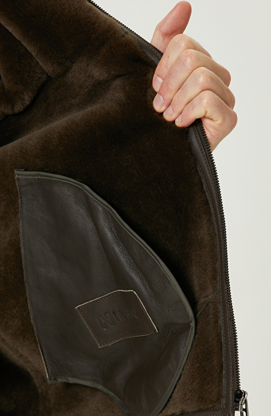 Haki İçi Kürklü Deri Mont