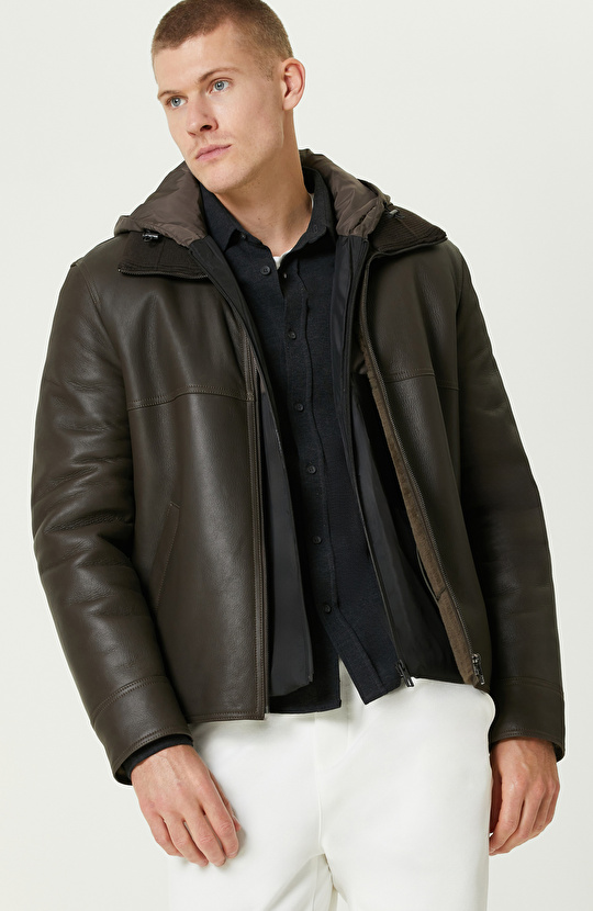 Haki İçi Kürklü Deri Mont