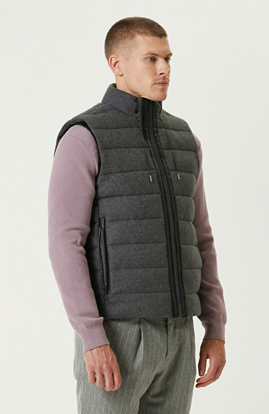 Antrasit Yün Karışımlı Puffer Casual Yelek