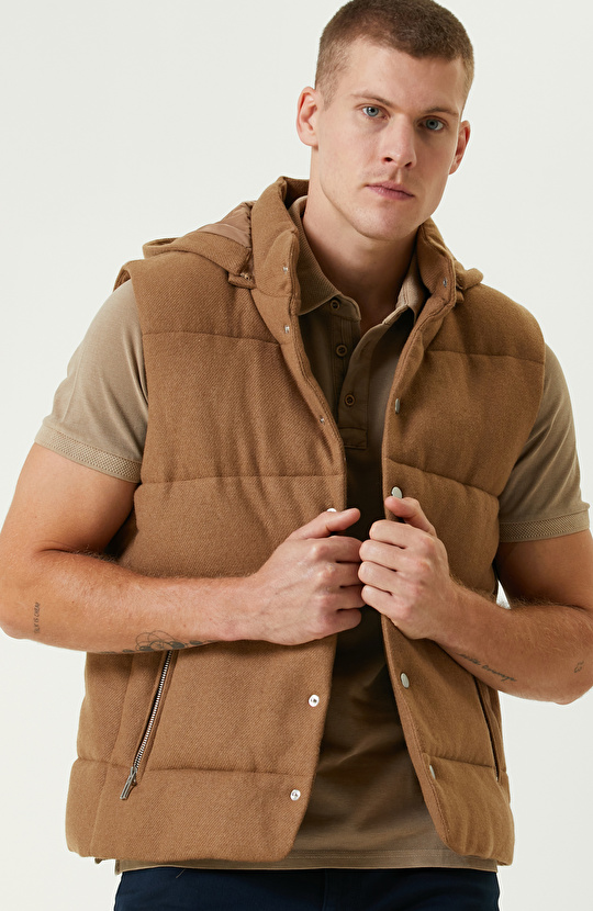 Camel Yün Karışımlı Kapüşonlu Puffer Casual Yelek