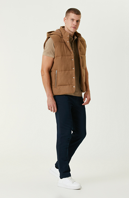 Camel Yün Karışımlı Kapüşonlu Puffer Casual Yelek