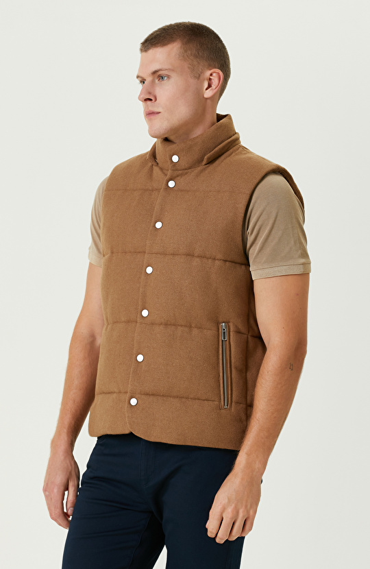 Camel Yün Karışımlı Kapüşonlu Puffer Casual Yelek