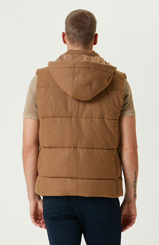 Camel Yün Karışımlı Kapüşonlu Puffer Casual Yelek