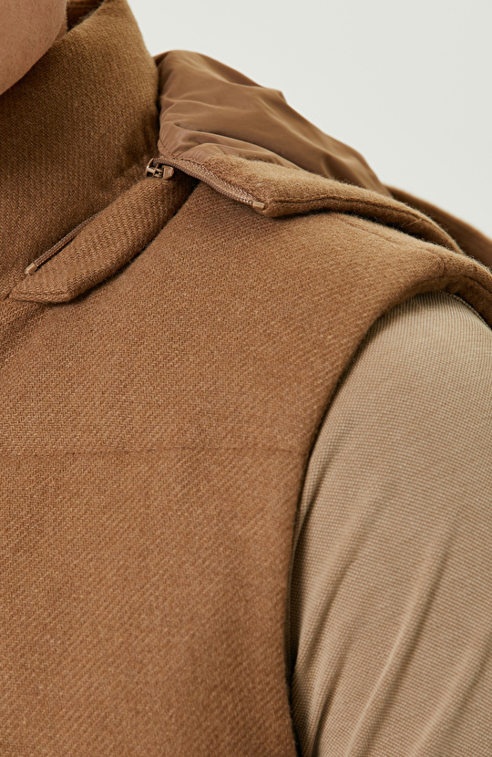 Camel Yün Karışımlı Kapüşonlu Puffer Casual Yelek