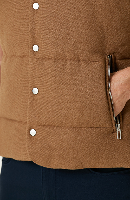Camel Yün Karışımlı Kapüşonlu Puffer Casual Yelek