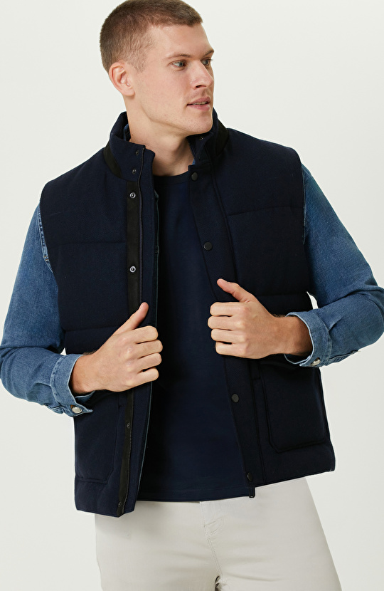 Lacivert Yün Karışımlı Puffer Casual Yelek