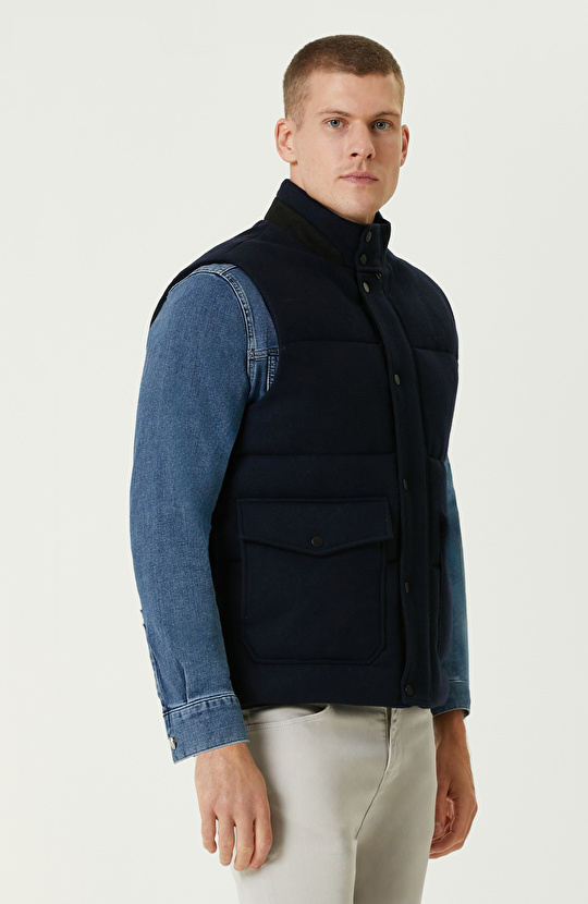 Lacivert Yün Karışımlı Puffer Casual Yelek
