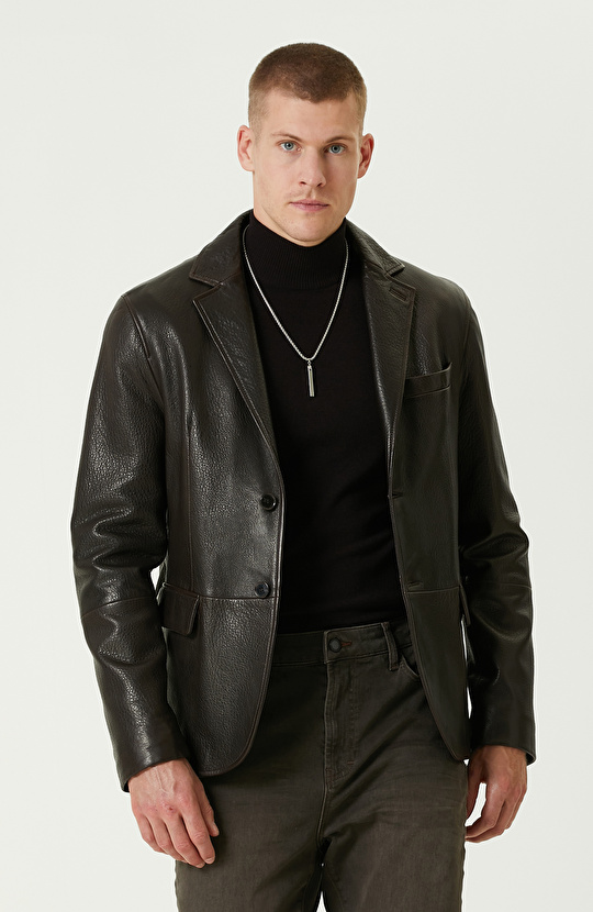 Kahverengi Deri Blazer Ceket