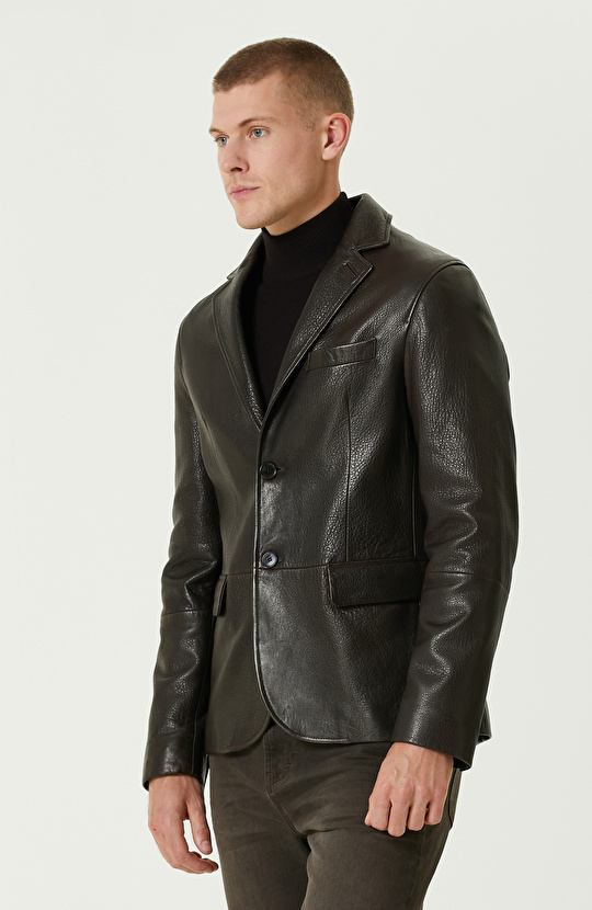 Kahverengi Deri Blazer Ceket