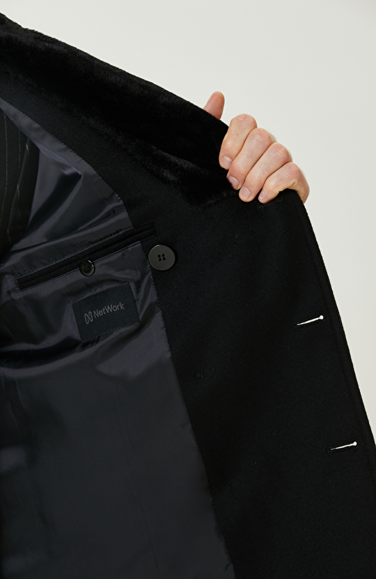 Siyah Kruvaze Yakası Kürklü Gemici Kaban