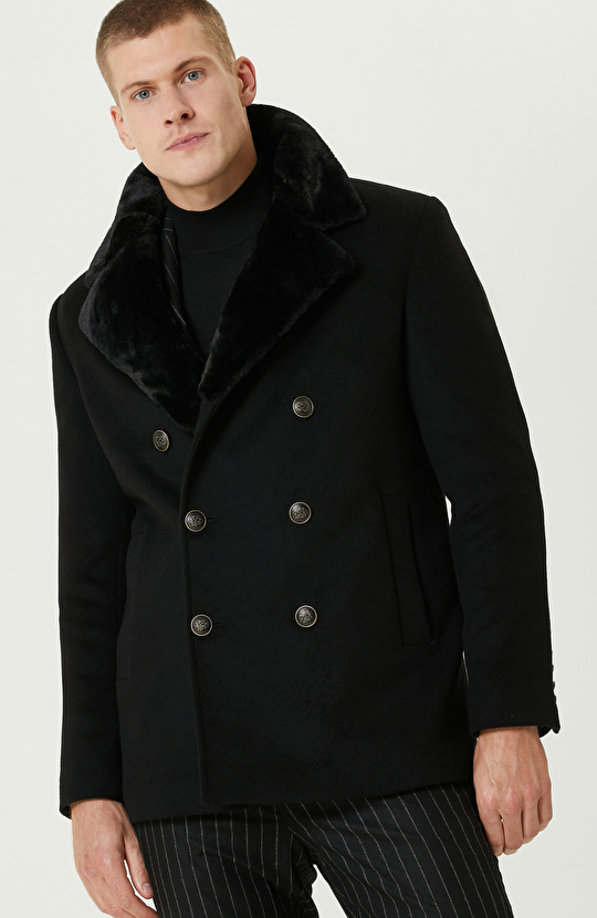 Siyah Kruvaze Yakası Kürklü Gemici Kaban