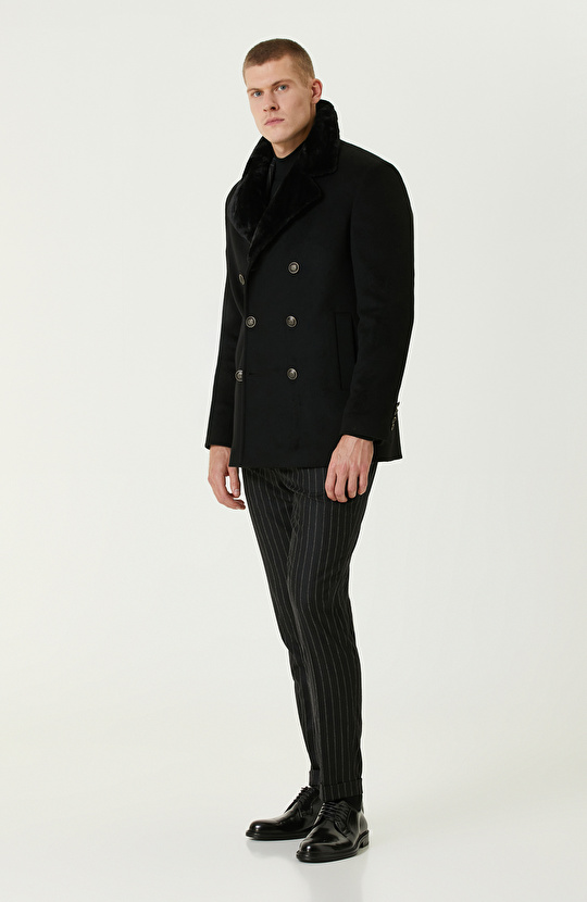 Siyah Kruvaze Yakası Kürklü Gemici Kaban