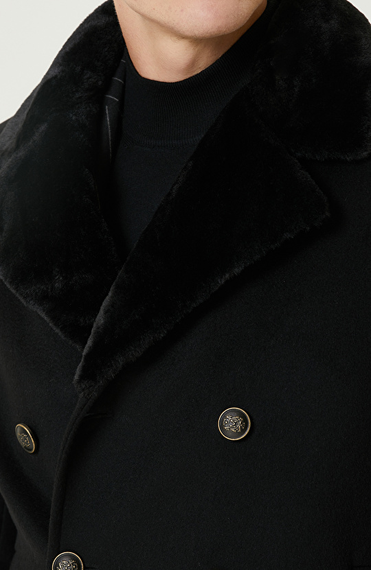 Siyah Kruvaze Yakası Kürklü Gemici Kaban