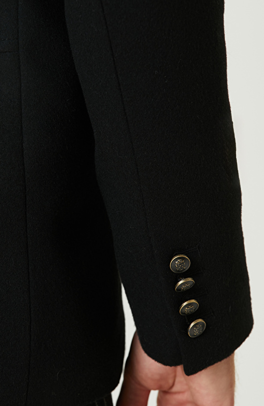 Siyah Kruvaze Yakası Kürklü Gemici Kaban