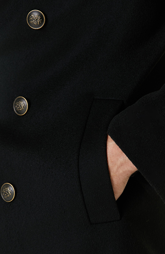 Siyah Kruvaze Yakası Kürklü Gemici Kaban