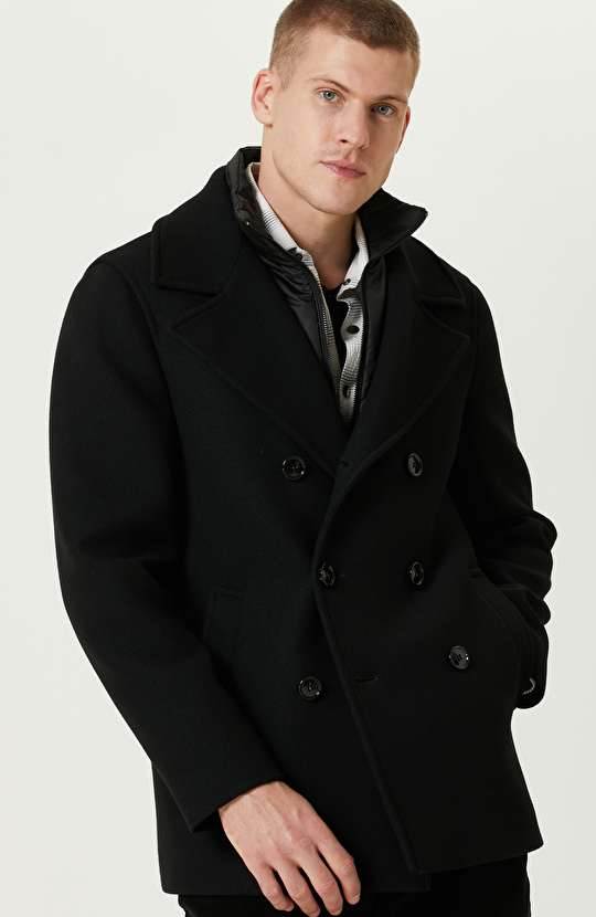 Siyah Çıkma Mostralı Kruvaze Yaka Diyagonal Kaban