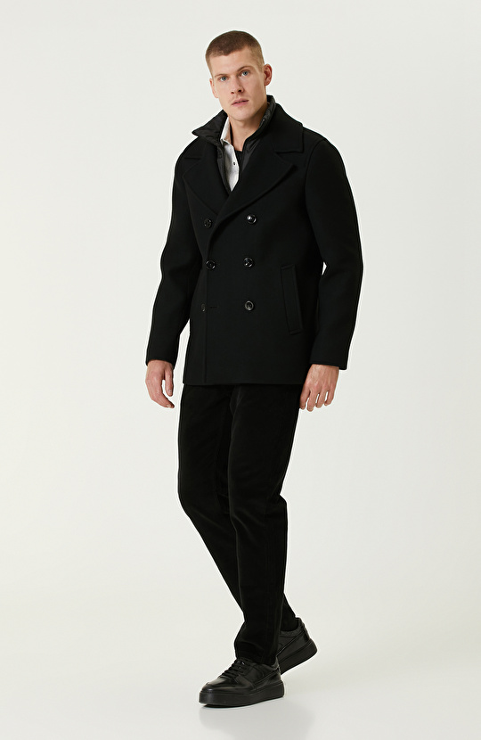 Siyah Çıkma Mostralı Kruvaze Yaka Diyagonal Kaban