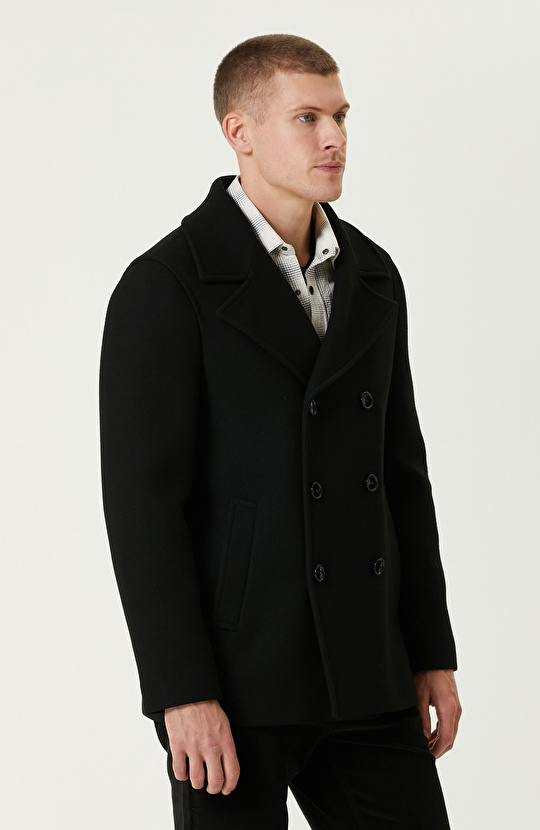 Siyah Çıkma Mostralı Kruvaze Yaka Diyagonal Kaban