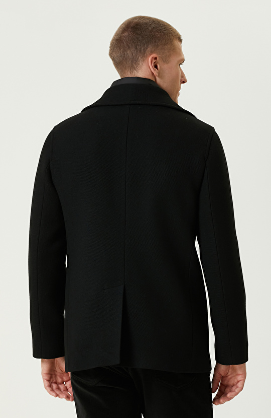 Siyah Çıkma Mostralı Kruvaze Yaka Diyagonal Kaban