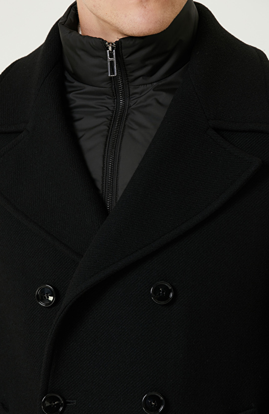 Siyah Çıkma Mostralı Kruvaze Yaka Diyagonal Kaban