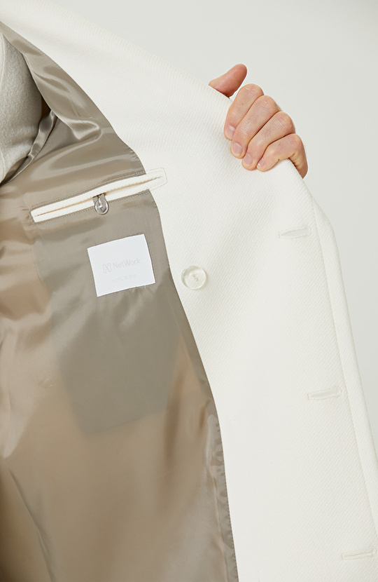 Ekru Yün Karışımlı Diyagonal Palto