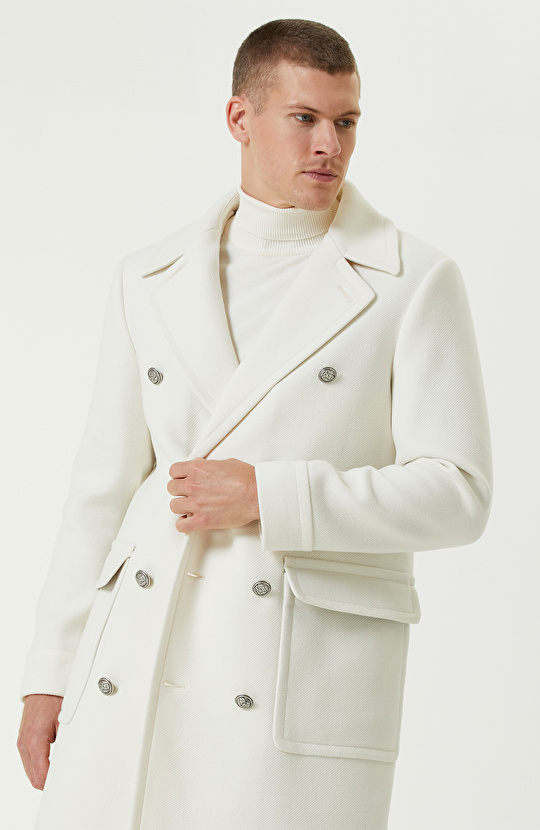 Ekru Yün Karışımlı Diyagonal Palto