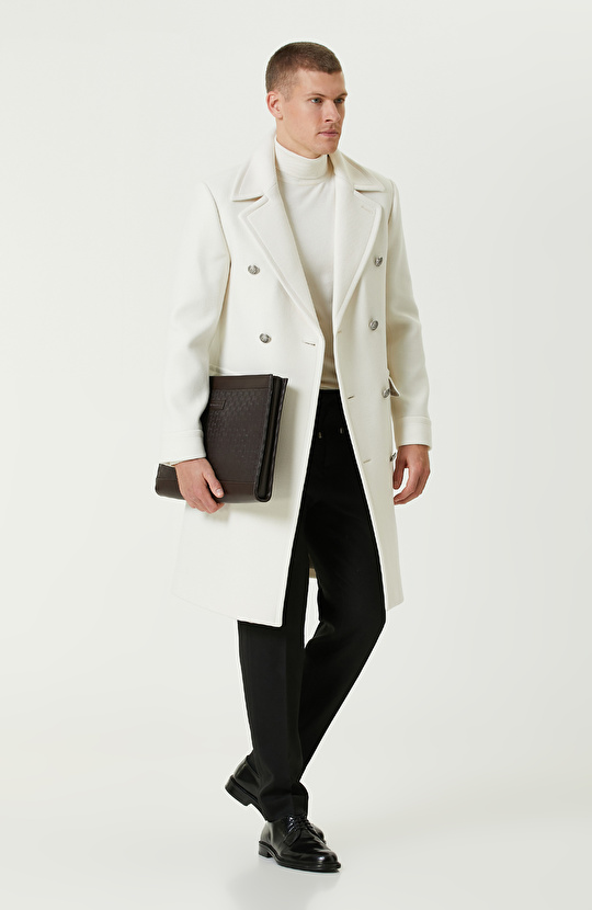 Ekru Yün Karışımlı Diyagonal Palto