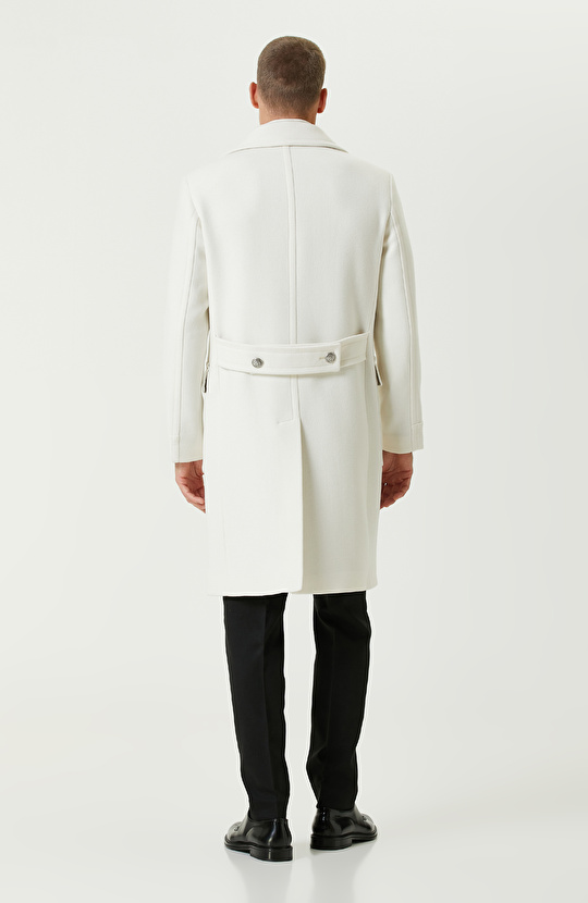 Ekru Yün Karışımlı Diyagonal Palto