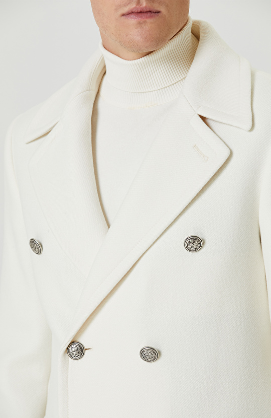 Ekru Yün Karışımlı Diyagonal Palto